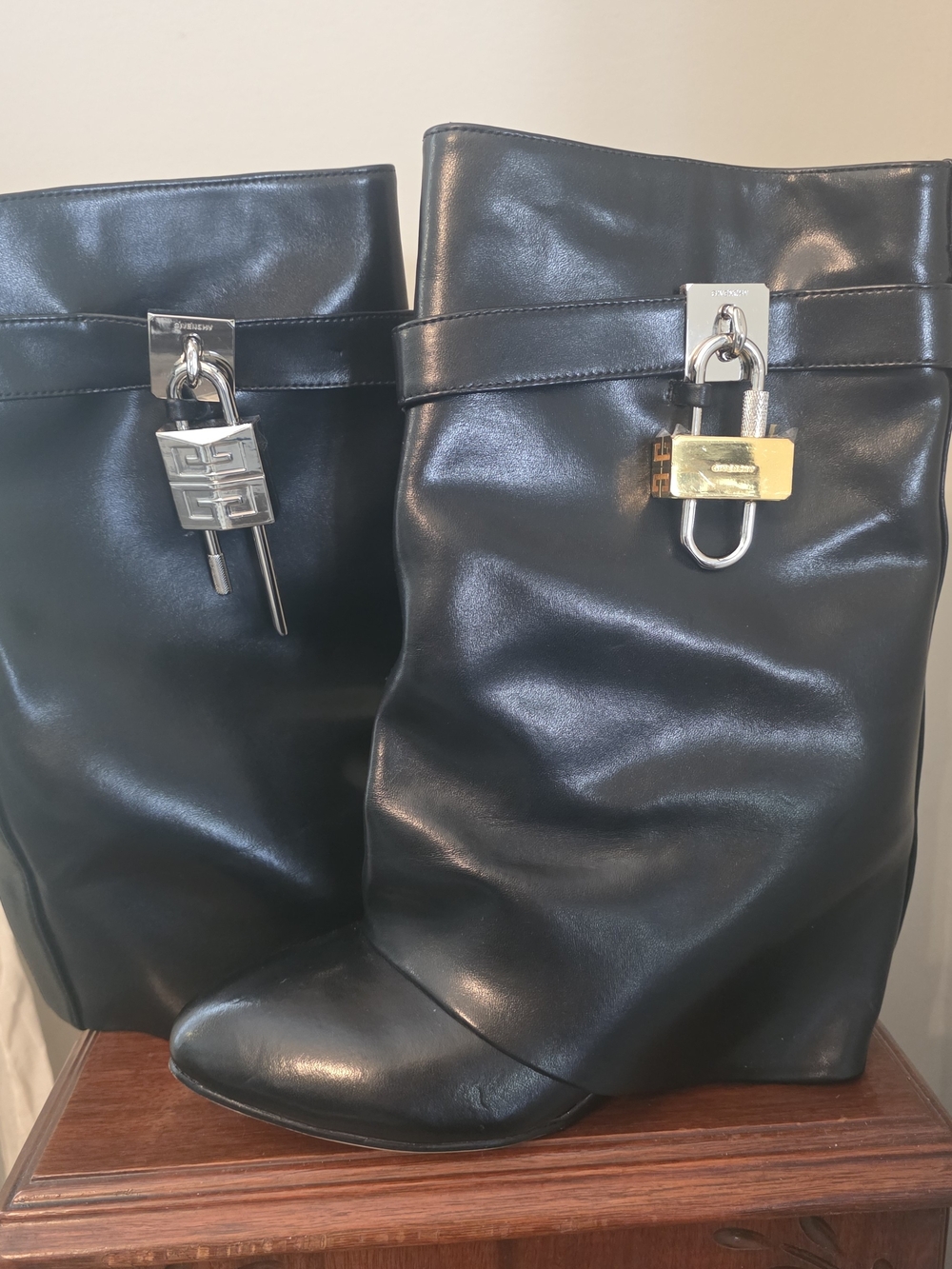Black GIVENCHY Leather Wedge Boots with Padlock Hardware